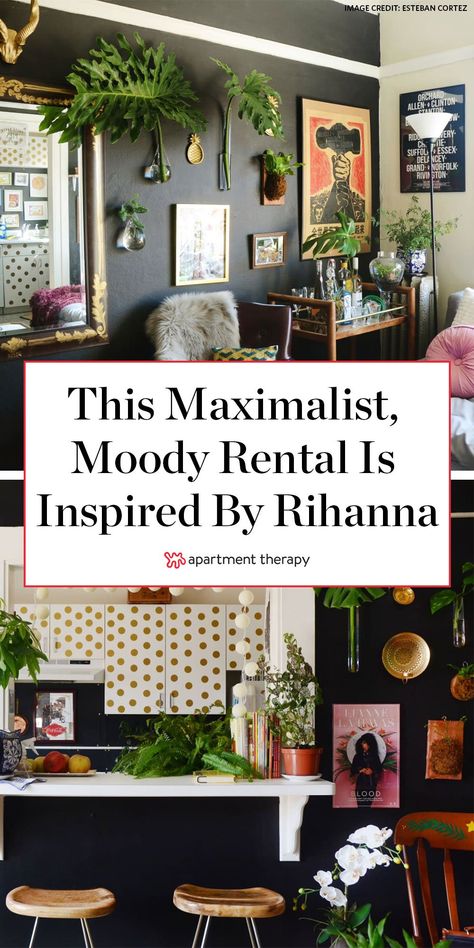 This moody, glam, maximalist apartment was inspired by Rihanna. | House Tours by Apartment Therapy #blackwalls #gallerywall #kitchencabinets #kitchenideas #polkadotdecor #decorideas #rentershacks #retnfriendlydecor #temporarydecor #maximalist Neutral Maximalist Living Room, Moody Eclectic Apartment, Organic Modern Maximalist, Moody Maximalist Decor Office, Black And White Maximalist Living Room, Edgy Home Decor Ideas Modern, Maximal Minimalism Decor, Black Maximalist Living Room, Moody Maximalist Apartment