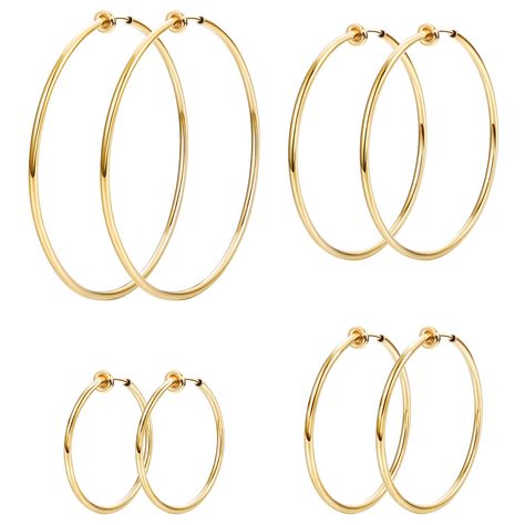 LOYALLOOK 4 Pairs Stainless Steel Clip On Hoop Earrings for Women Fake Hoop Earrings Spring Hoop Earrings For Non-Pierced Ear Ear Pierce, Clip On Hoop Earrings, Fake Earrings, Cartilage Earrings Hoop, Cartilage Hoop, Large Hoop Earrings, Affordable Jewelry, San Valentino, Earings Piercings