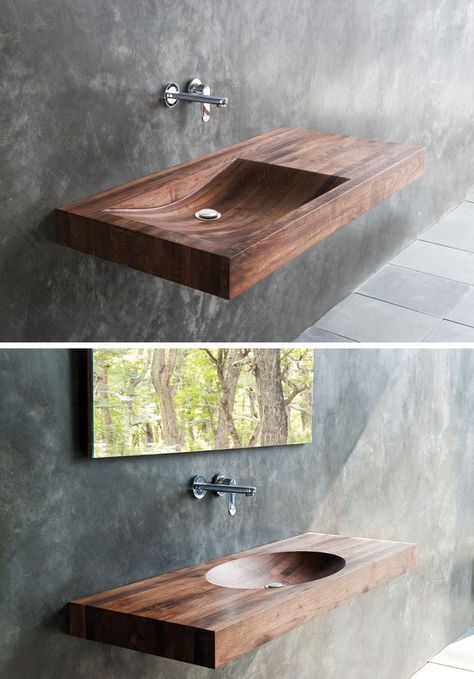 They’re also a great sink option if you’re looking to create a more spa-like atmosphere in your bathroom. The soft curves of the wood and the warm tones they bring in create a feeling of relaxed luxury – exactly what you want when you go to the spa. Luxury Bathroom Master, Bathroom Sink Design, Wood Sink, Modern Bathroom Sink, Wooden Bathroom, Sink Design, Trendy Bathroom, Ideas Bathroom, Beautiful Bathrooms