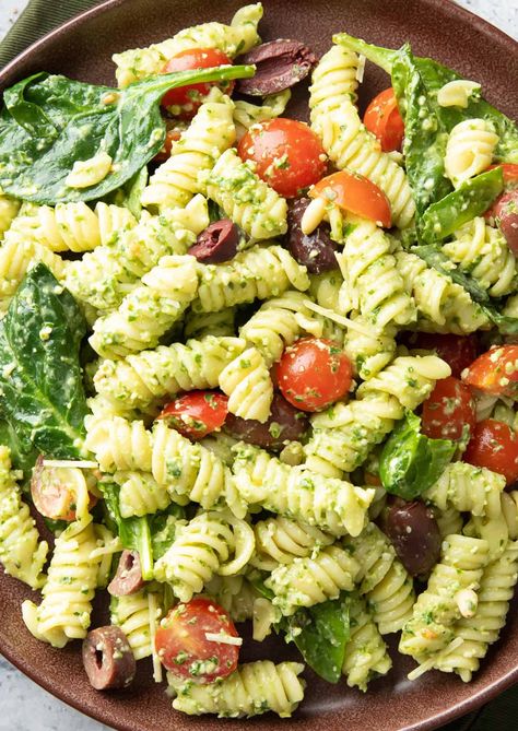 Pasta Pesto Salad, Basil Pesto Pasta Salad, Cold Pesto Pasta Salad, Kale Pasta Salad, Beaming Baker, Spinach Pesto Pasta, Potluck Food, Broccoli Pasta Salads, Pasta Salad With Spinach