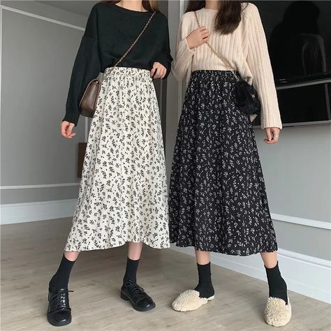 Mikiko - Floral A-Line Midi Skirt | YesStyle Long Skirts Summer, Cottagecore Skirt, Korean Skirt, Long Midi Skirt, Skirt Streetwear, Long Skirt Summer, Skirts Summer, Floral Print Midi Skirt, Long Skirt Outfits