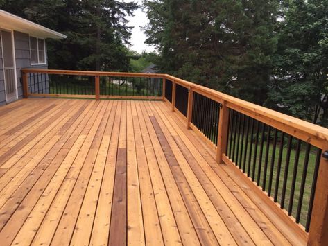 Gorgeous cedar deck! | Deck Masters, LLC Cedar Deck Stain, Natural Cedar Stain, Deck Fascia, Deck Refinishing, Metal Balusters, Cedar Stain, Wallpaper Removal, Cedar Posts, Cedar Deck