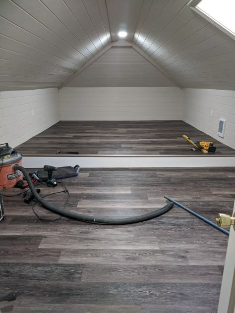 Vinyl plank floor. Tongue and groove paneling. Painted navaho white. Attic Room Renovation, Open Attic Ideas, Tiny Attic Bathroom Ideas Slanted Ceiling, Lighting For Attic Ceilings, Attic Renovation Ideas Bedroom, Turning Attic Into Living Space, Large Attic Ideas, Garage Attic Ideas, Short Attic Ideas