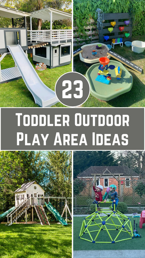 Looking to create the perfect outdoor play space for your toddler? Check out these 23 creative and safe play area ideas that will keep your little ones entertained for hours. From sensory play zones to mini adventure parks, these simple yet fun setups are perfect for any backyard. Montessori Backyard For Kids, Small House Play Area, Kids Backyard Ideas On A Budget, Mulch Play Area For Kids, Backyard Play Area For Toddler, Toddler Yard Play Area, Toddler Playground Ideas, Under Playground Ideas, Toddler Backyard Ideas