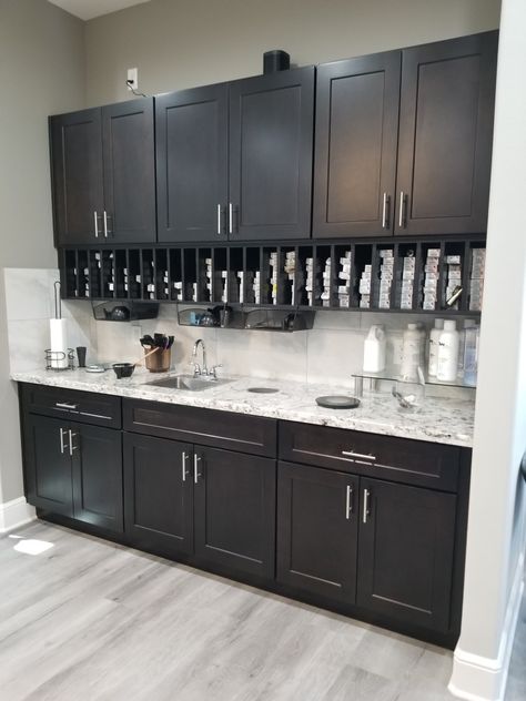 Ikea Cabinets For Salon, Salon Mixing Station Ideas, Hair Salon Backbar Ideas, Salon Backsplash Ideas, Salon Back Room Ideas, Beauty Salon Organization Ideas, Salon Build Out, Hair Dresser Design Ideas, Salon Bar Ideas