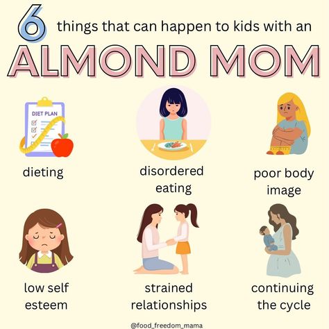 Did you grow up with an almond mom? If you’re not familiar with the term, an “almond mom” is a diet mom (could also be a dad). She’s completely wrapped up in diet culture and is always on a diet, criticizing her body and her kids’ bodies, and commenting on others’ food choices. She’s giving diet advice like “if you’re hungry just eat a couple almonds and chew them REALLY well” Maybe you grew up with a mom like this and are trying to heal the generational trauma and break the cycle for your... Recovery Quotes, Almond Mom Diet, Almond Mom, Trying To Heal, Food Freedom, Break The Cycle, Just Eat, Diet Culture, Intuitive Eating