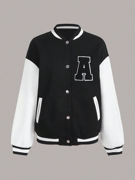 SHEIN EZwear Letter Patched Striped Trim Drop Shoulder Varsity Jacket | SHEIN USA Varsity Jacket Black And White, Plaid Coat Women, Varsity Jacket Black, Sixth Form Outfits, Patch Jacket, Sixth Form, Shoes Outfit Fashion, Womens Jackets Casual, Grey Colour Suit