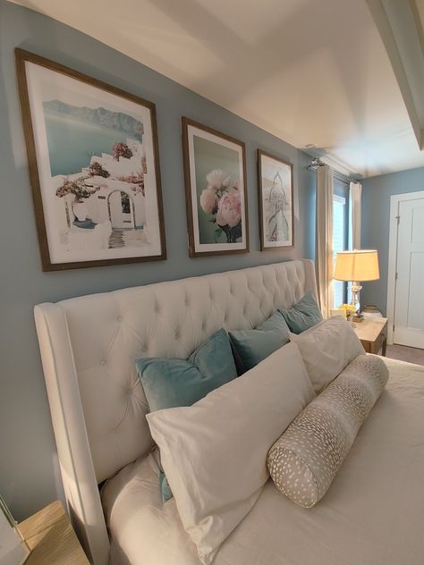 Santorini Benjamin Moore, Master Bedrooms Light Blue, Bedroom With Light Blue Accents, Light Blue And Gold Home Decor, Cream And Light Blue Bedroom, Beige And Light Blue Bedroom, Benjamin Moore Blue Paint Colors Bedroom, Blue Wall Master Room, How To Decorate A Bedroom With Blue Walls