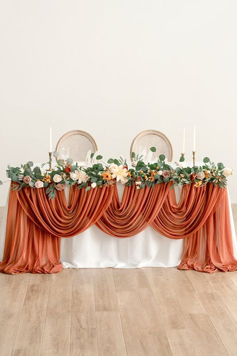 Arbor Florals, Table Floral Decorations, Head Table Wedding Decorations, Arch Arbor, Table Swag, Reception Table Settings, Head Table Decor, Burnt Orange Weddings, Head Table Wedding