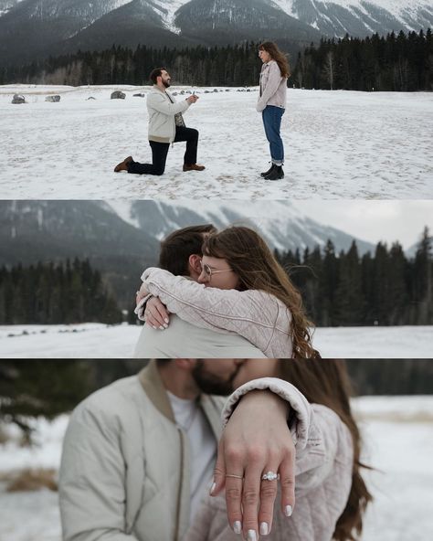 — Capturing proposals in the mountains is my new favorite thing and it was an incredible honour to be present in this moment for T & K. The recent snow fall in southern Alberta was a surprise and I was worried the peaks would be hidden but of course the mountains made sure to show themselves right when it was time. T contacted me to capture his surprise proposal outside in nature and Quarry Lake Park was the perfect backdrop. They came to Canmore for a weekend getaway and T surprised his pa... Proposal In The Snow, Proposal Ideas Mountains, Winter Proposal Ideas Engagement, Winter Proposal Pictures, Winter Proposal Photos, Snow Proposal, Winter Proposal Ideas, Fall Proposal Ideas, Snow Engagement Photos