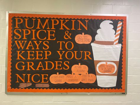 Bulletin Board Ideas October, Fall Buliton Board Ideas School, Finish Strong Bulletin Board, Bulitin Board Ideas School Fall, Bulletin Board Ideas For School September, October Bulletin Board Ideas Elementary, Fall Nursing Bulletin Boards, Pumpkin Spice And Everything Nice Bulletin Board, Fall Bulletin Board Ideas College