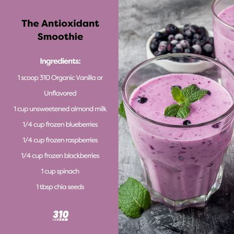 Antioxidant Smoothie Recipe, Nutrition Shake Recipes, High Blood Pressure Recipes, Longevity Recipes, Antioxidant Smoothie, 20g Of Protein, High Antioxidant Foods, Anti Oxidant Foods, Protein Powder Recipes