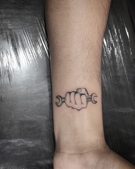 Small Mechanic Tattoo Ideas, Engine Tattoo Ideas, 221b Tattoo, Car Mechanic Tattoo, Tool Tattoo Mechanic, Easy Tattoos For Women, Wrench Tattoo, Piston Tattoo, Elk Tattoo