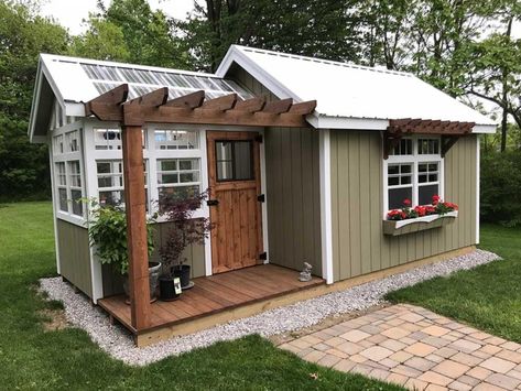 Small Farm Building Ideas, Greenhouse Office Shed, Garden Shed House, Pergola Shed Combo, Cottage She Shed Interior, Multi Purpose Shed, Garden Shed Playhouse, Farmhouse Garden Shed, Garden Shed Tiny House