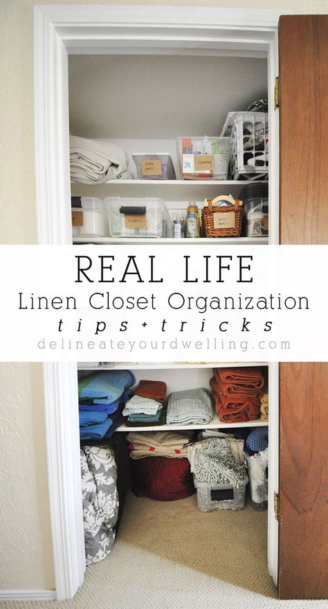 Tips for a functional, organized linen closet! Deep Linen Closet Organization, Deep Linen Closet, Bathroom Linen Closet Organization, Ikea Closet Shelves, Linen Closet Organization Ideas, Office Closet Ideas, Apartment Organization Diy, Closet Organization Tips, Small Linen Closets