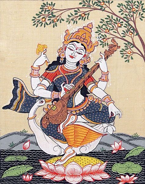 Goddess Of Music, Saraswati Painting, Folk Art Paintings, Indian Traditional Paintings, Kerala Mural Painting, Kalamkari Painting, Indian Painting, Vedic Art, Madhubani Art