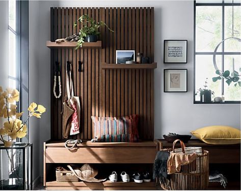 wood slat entry bench w/ shelves // fort & field Oak Storage Bench, Wood Slat Wall, Entry Bench, Inspire Me Home Decor, Bench With Shoe Storage, Wooden Bench, Slat Wall, Wood Slats, House Entrance