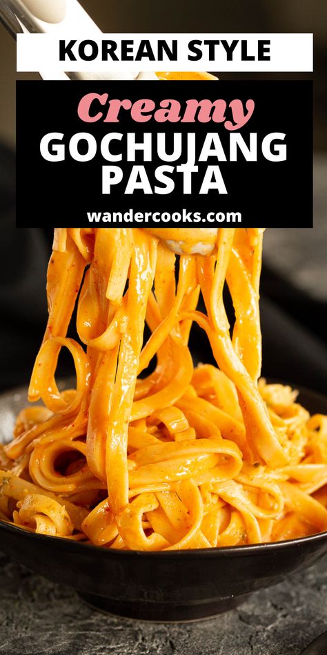 You’ll love this quick and creamy gochujang pasta, ready in only 10 minutes! Spicy and satisfying, use the base recipe for an almost effortless meal, or amp it up with chicken or veggies to make it go even further. Gochujang Chicken Alfredo, Creamy Gochujang Pasta, Gojuchang Pasta, Go Chu Jang Recipes, Gochujang Dishes, Korean Pasta Recipes, Gojuchang Noodles, Recipes Using Gochujang, Gojuchang Sauce