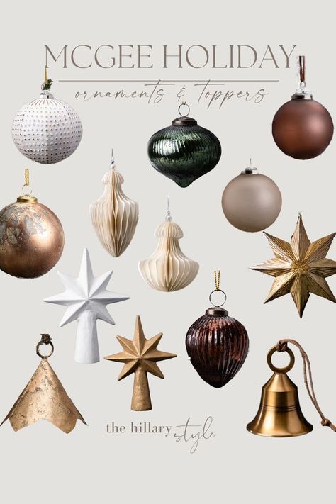 Studio McGee holiday release ornaments. I love all of the mixed metal tones. Visit to shop! Green And Gold Christmas Decor, Copper Christmas Decor, Ideas Christmas Decoration, Decoration Ideas Christmas, Decoration Nails, Green And Gold Christmas, Gold Christmas Decor, Copper Christmas, Metallic Christmas