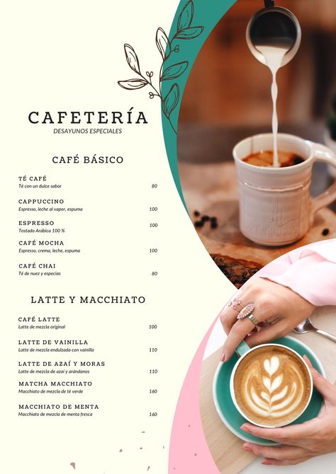 Menú Cafetería Café Premium Crema Marrón Verde Rosa - Plantillas de Canva Coffee Shop Menu Card, Menu Cafeteria, Branding Palette, Cafeteria Design, Cafe Menu Design, Menu Card Design, Coffee Shop Menu, Menu Card Template, Paper Box Template