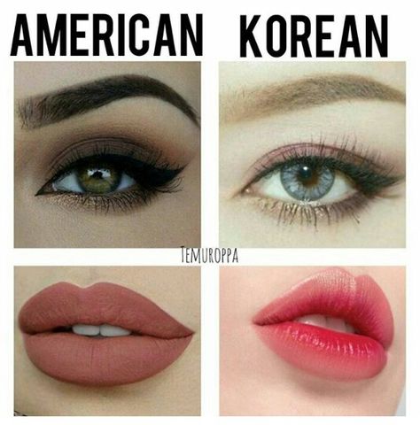 American vs. Korean makeup styles Korean Makeup Vs American Makeup, Japanese Vs Korean, American Makeup, Korean Makeup Tutorials, Korea Makeup, Wig Styling, Makeup Styles, Asian Makeup, Beauty Room