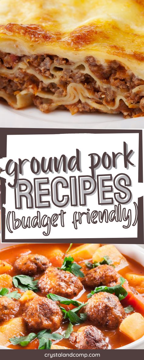 Don't miss out on these Ground Pork Recipes for dinner! These easy pork meals are fast and simple to make and full of amazing flavors! Hamburger And Ground Pork Recipes, Recipes Using Pork Sausage Dinners, What To Cook With Ground Pork, Easy Ground Pork Recipes Simple, Ground Pork Lasagna Recipe, Ground Pork Lunch Recipes, Pork Burger Recipes Ground, Gr Pork Recipes, Ground Pork Ideas For Dinner