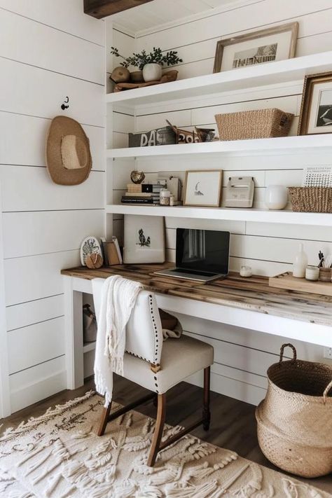 Modern Farmhouse Home Office Design Ideas Small Farmhouse Inspiration, Work Desks Ideas, Office With Shiplap Wall, Home Office Rustic Modern, Modern Farmhouse Craft Room, Small Farmhouse Office Ideas, Home Office Inspiration Farmhouse, Small Farmhouse Office, Small Cozy Office Ideas