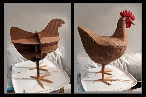 Paper Mache Art Sculpture, Paper Mache Projects, Paper Mache Animals, Paper Art Sculpture, Chicken Crafts, Paper Mache Clay, Cardboard Sculpture, Paper Mache Art, Paper Mache Sculpture