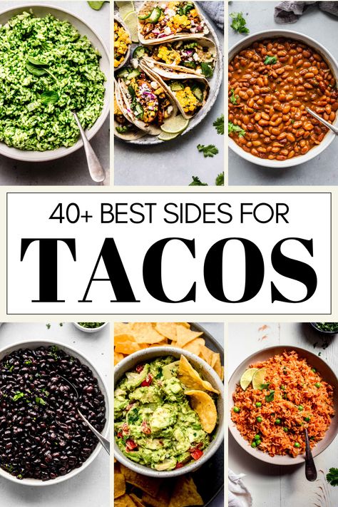 Wondering what the best taco side dishes are? Look no further! I'm here to answer the question - What should be on the menu for a taco night?  From healthy sides for tacos, to Mexican sides and appetizers, this handy guide will help you find what you want to make in a hurry!  // simple // easy // vegetables Southwestern Side Dishes, Healthy Sides For Tacos, Best Sides For Tacos, Sides For Pulled Pork Tacos, Taco Night Sides, Taco Night Side Dishes, Healthy Mexican Side Dishes, Mexican Vegetable Sides, Fiesta Side Dishes