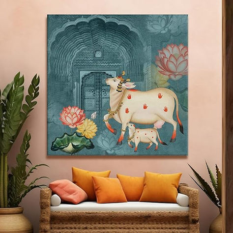 This is a very beautiful and charming painting for home wall. Pichwai Painting, Art Indian, Traditional Wall Art, Pichwai Paintings, Indian Painting, Wall Canvas Painting, Cow Painting, Art Canvas Painting, Krishna Painting