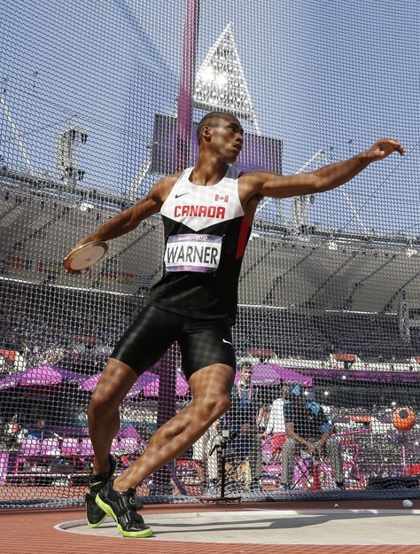 Discus - Canada's Damian Warner takes a throw in the discus throw for the decathlon during the athletics in the Olympic Stadium at the 2012 Summer Olympics, London, Thursday, Aug. 9, 2012. (1855×2449) Sports Action Shots, Discus Throw Aesthetic, Disc Throwing, Motion Poses, Discus Throwing, Track Pics, Olympic Poster, Track Aesthetic, Disk Golf