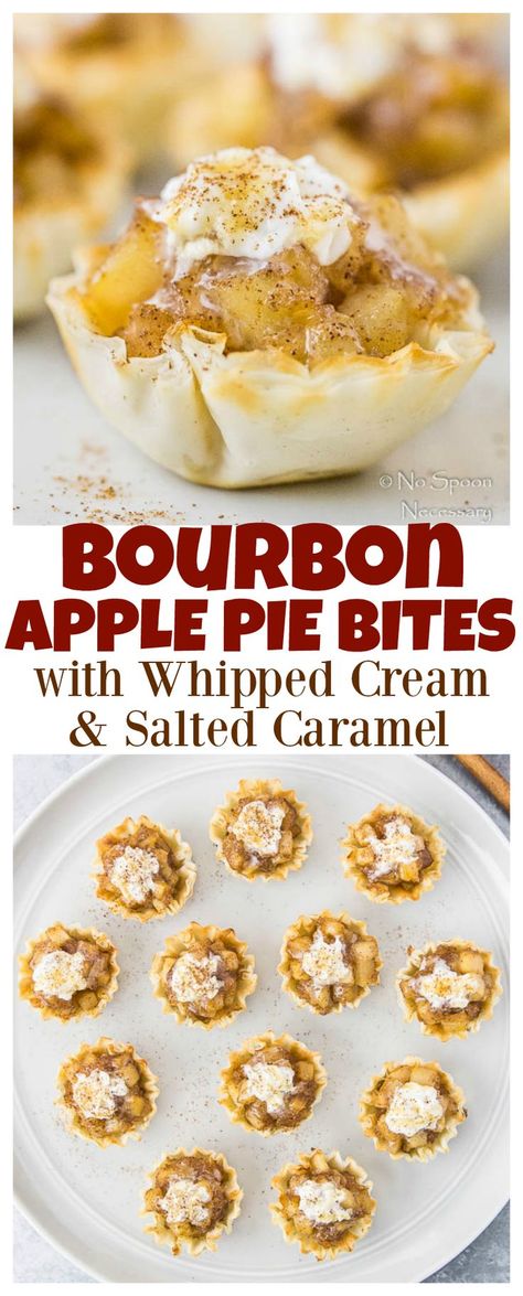 Bourbon Apple Pie Bites with Whipped Cream & Salted Caramel Easy, Delicious & Perfect for #Thanksgiving or #Holiday Parties! Drunken Desserts, Bourbon Apple Pie, Holiday Recipes Christmas Desserts, Boozy Baking, Holiday Party Desserts, Apple Bites, Alcoholic Treats, Mini Fruit Tarts, Alcoholic Desserts