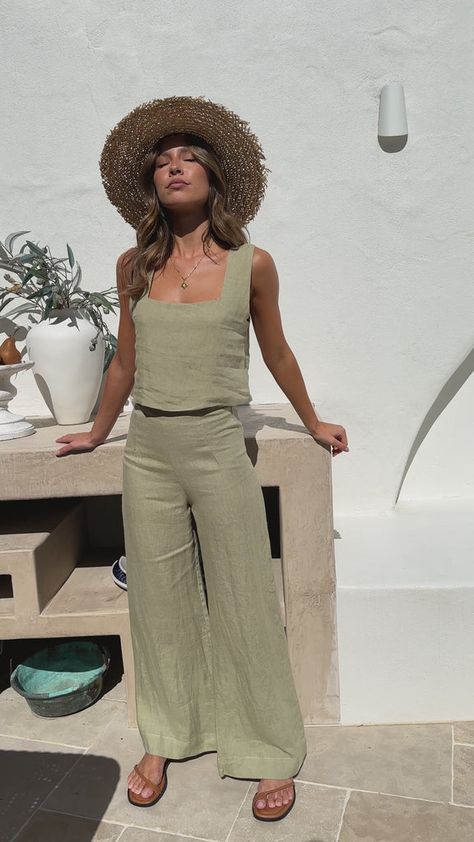 Karah Pants - Sage - Buy Women's Pants - Billy J Sage Green Top Outfit, Green Top Outfit, Neutral Summer Outfits, Italy Vibes, Natural Models, Family Vacay, Linen Fashion, Dark Tan, Women's Pants