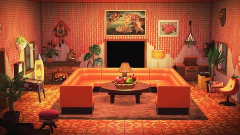 Acnh Retro House, 60s Themed Bedroom, Animal Crossing Retro Room, Acnh Retro Room, Acnh 70s Island, Acnh Maximalism, Animal Crossing 70s, Retro Animal Crossing, Acnh 70s