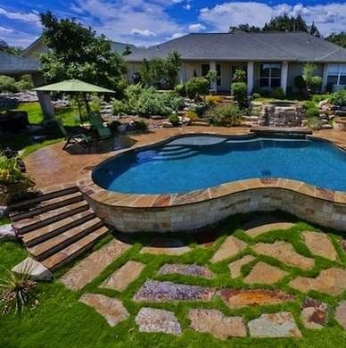 Terraced Poolside Above Ground Pool Steps, Backyard Pool Design, Best Above Ground Pool, Swimming Pool Decks, Pool Stuff, Pool Steps, Pool Landscape Design, Above Ground Pool Landscaping, Above Ground Pool Decks