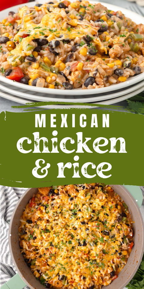 collage of mexican chicken and rice Rice Beans Chicken Recipe, Mexican Chicken Dishes Easy Dinners, Chicken Black Bean Corn Rice Bowl, Mexican Food Recipes With Chicken, Quick Mexican Meals, 1 Pot Recipes, Mexican Chicken Dinner Recipes, Mexican One Pot Meals, Mexican Meal Ideas For Dinner