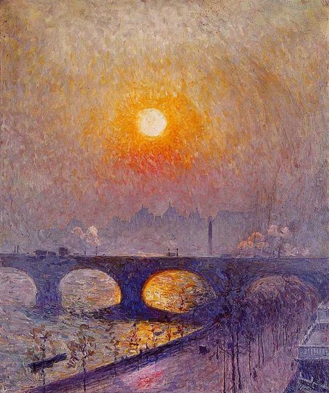 Emile Claus, Sunset Over Waterloo Bridge, 1916 Waterloo Bridge, Post Impressionism, A4 Poster, Oil Painting Reproductions, A Bridge, Painting Reproductions, Vintage Artwork, Painting Techniques, Impressionism