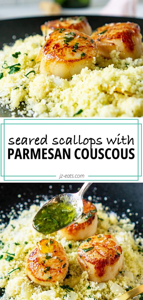 Scallops And Couscous Recipe, Scallop And Couscous Recipes, Scallops And Couscous, Seafood Couscous Recipes, Fish And Couscous Recipe, Salmon And Couscous Recipes, Seafood Couscous, Moroccan Couscous Recipes, Pearl Couscous Recipes