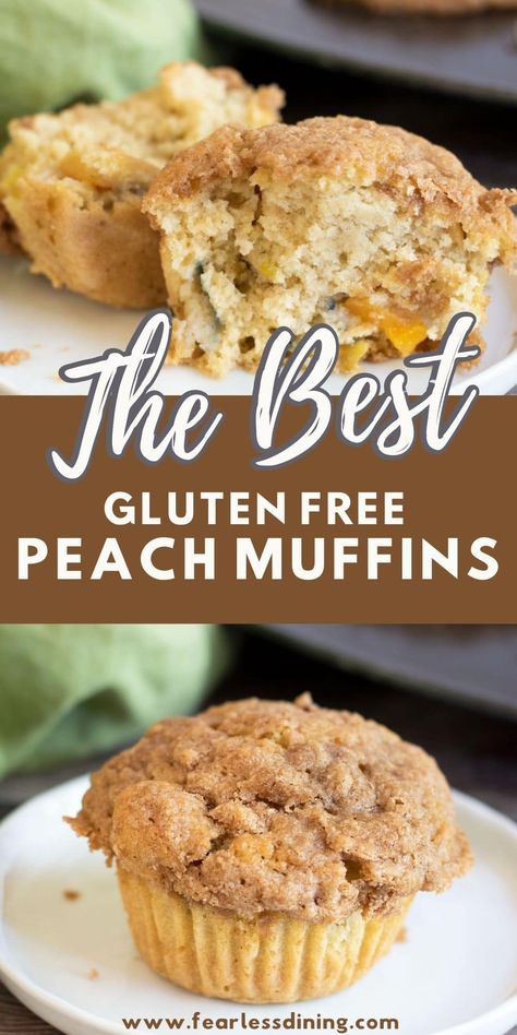 Gluten Free Peach Recipes, Peach Muffins Recipe, Peach Muffin Recipes, Gluten Free Peach Cobbler, Peach Cobbler Muffins, Fluffy Muffins, Fresh Peach Recipes, Peach Bread, Fruit Muffins