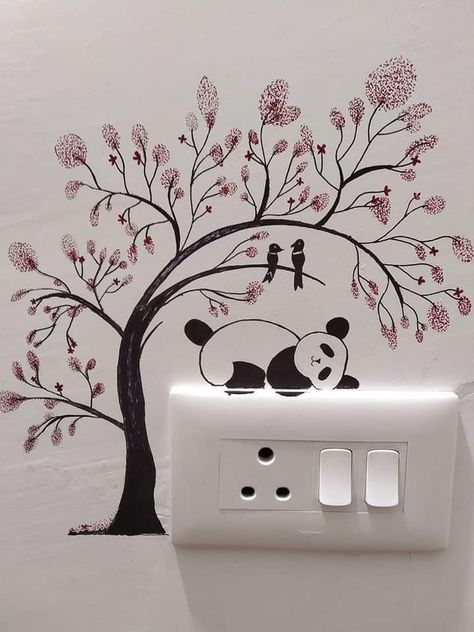 Wall Painting Switchboard, Simple Wall Stickers, Wall Painting Near Switch Board, Cute Switchboard Art, Painting On Switch Board, Switch Board Art Ideas Room Decor, Switchboard Art Design, Switch Board Painting Wall Art, Panda Wall Painting