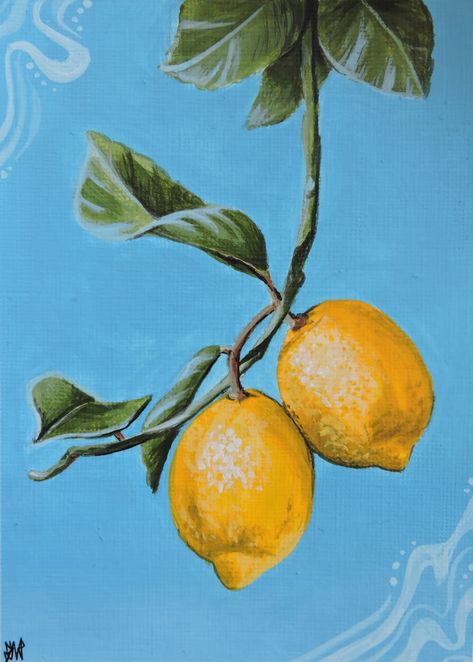 Lemon Tree Painting Easy, Lemon Tree Painting Acrylic, Acrylic Painting Lemon, Lemon Acrylic Paintings, Lemon Painting Acrylic Easy, Lemon Canvas Painting, Fruit Painting Acrylic, Lemon Tree Painting, Lemons Painting