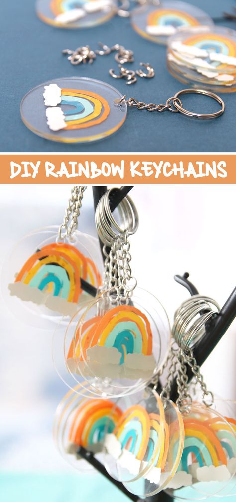 Rainbow Birthday Party Gift Bags, Rainbow Party Favor Ideas, Cricut Birthday Party Favors, First Birthday Party Favors Ideas, Cricut Party Favors Kids, Diy Giveaways Ideas Birthday, Diy Souvenirs Birthday, Rainbow Keychain Diy, Party Giveaways Ideas