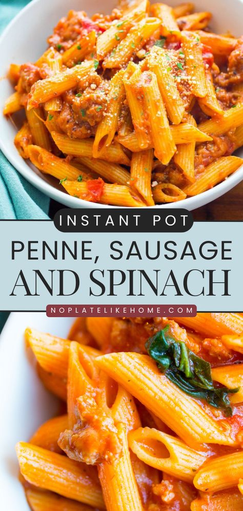 The perfect weeknight dinner in under 30 minutes! Cheesy, filling, and delicious, this Instant Pot penne pasta will become one of your go-to comfort food. What's not to love about a simple pasta recipe with veggies and cheese in meat sauce? Pasta With Sausage And Spinach, Sausage And Spinach Pasta, Pressure Cooker Pasta, Instant Pot Pasta, Sausage And Spinach, Pasta With Meat Sauce, Sausage Pasta Recipes, Pasta With Sausage, Instant Pot Pasta Recipe