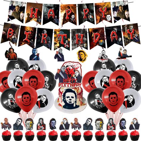 PRICES MAY VARY. Horror Movie Package Includes: 1 pack happy birthday banner, 18 pcs latex balloons(3 color), 1 pcs cake topper, 12 pcs cupcake topper(6 styles), 6 pieces hanging cards and 6 pieces hanging swirls. Our full set of Michael Myers birthday party supplies will add surprises to you, your family and friends. Have A Killer Party Decorations Materials: Happy birthday bunting banners, cupcake toppers, high quality thick paper, very bright and lively color printing and no chemical smell wi Michael Myers Party, Birthday Banner Cake Topper, Halloween Themed Party, Happy Birthday Bunting, Cake Banner Topper, Birthday Bunting, Halloween Party Themes, Birthday Supplies, Happy Birthday Banner