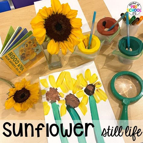 Sunflower still life plus Fall math, literacy, fine motor, art, sensory, and dramatic play activities for your preschool, pre-k, and kindergarten classroom. Still Life Sunflower, Fall Process Art, Art Activities For Preschool, Process Art Activities, Fall Themed Activities, Process Art Preschool, Pocket Of Preschool, Leaf Collage, Sunflower Crafts