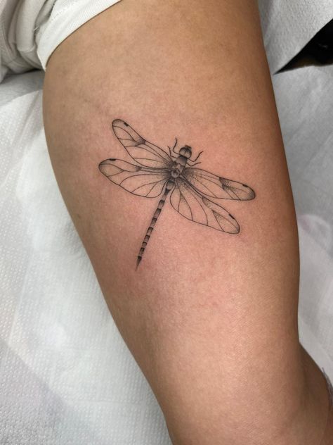 Dragonfly Tattoo On Back Of Arm, Vintage Dragonfly Tattoo, Dragonfly Tattoo Inner Arm, Dragon Flys Tattoo, Dragon Fly Shoulder Tattoo, Linework Dragonfly Tattoo, Nature Dragon Tattoo, Dragon Fly Leg Tattoo, Dragon Fly Tattoo Men