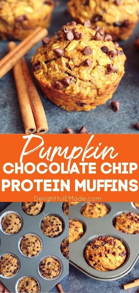 The perfect recipe for healthy pumpkin muffins that happens to taste amazing! These delicious Pumpkin Protein Muffins are loaded with protein and fiber, making them a great choice as a quick breakfast or healthy snack. || Delightful E Made Pumpkin Protein Muffins, Chocolate Protein Muffins, Pumpkin Oatmeal Muffins, Protein Muffin Recipes, Macro Recipes, Pumpkin Protein, Pumpkin Chocolate Chip Muffins, Protein Muffins, Pumpkin Chocolate Chip