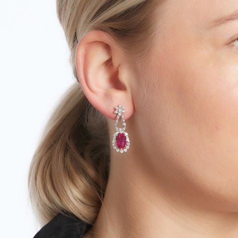 Pair of ruby and diamond earrings | Fine Jewels2021 | Sotheby's Small Diamond Hanging Earrings, Diamond Carat Size Chart, Diamond Hanging Earrings, Ruby And Diamond Earrings, Diamond Carat Size, Diamond Pendant Sets, Fancy Design, Black Beaded Jewelry, Gem Earrings