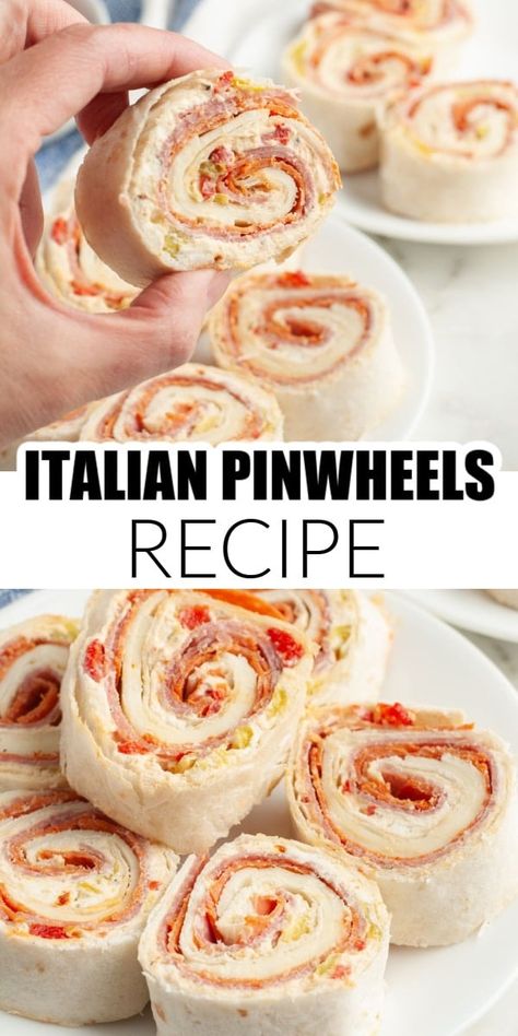 These Italian pinwheels are packed full of flavor. A delicious cold appetizer or lunch, these Italian pinwheels have a delicious cream cheese spread that's layered with pepperoni, salami, and provolone cheese. Cooked Pinwheel Appetizers, Pinwheel Recipes Italian, Salami Cream Cheese Pinwheels, Appetizer Recipes With Pepperoni, Italian Dinner Appetizers Parties, Easy Rollups Appetizers, Pepperoni Appetizers Easy, Italian Sub Pinwheels, Cream Cheese Rollups Appetizers