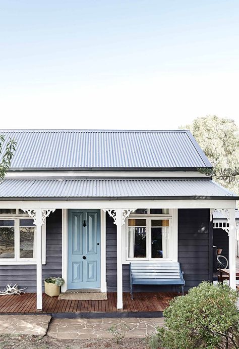 Renovated Victorian weatherboard cottage in Daylesford with pale blue door, timber decking and white trim. Weatherboard House, Gray House, Cosy Interior, A Small House, Cottage Renovation, Cottage Exterior, Blue Cottage, House Paint Exterior, Blue Door